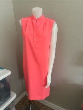 Tahari Neon Coral Sleeveless Mandarin Shift Dress